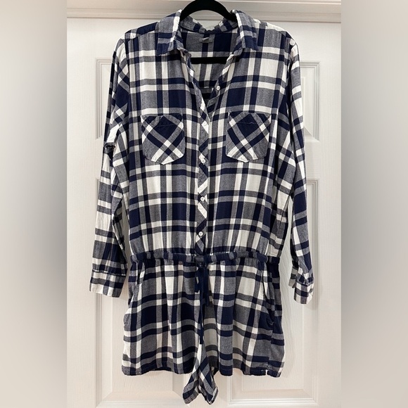 Aerie Plaid Flannel Button Front One Piece Pajama Romper Blue White sz XL - Picture 4 of 7